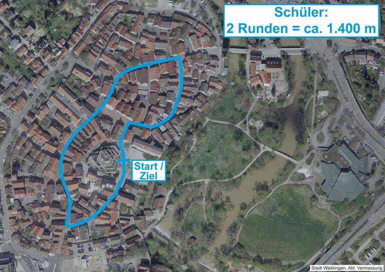 Luftbild von Waiblingen mit eingezeichnetem Streckenverlauf für Schüler