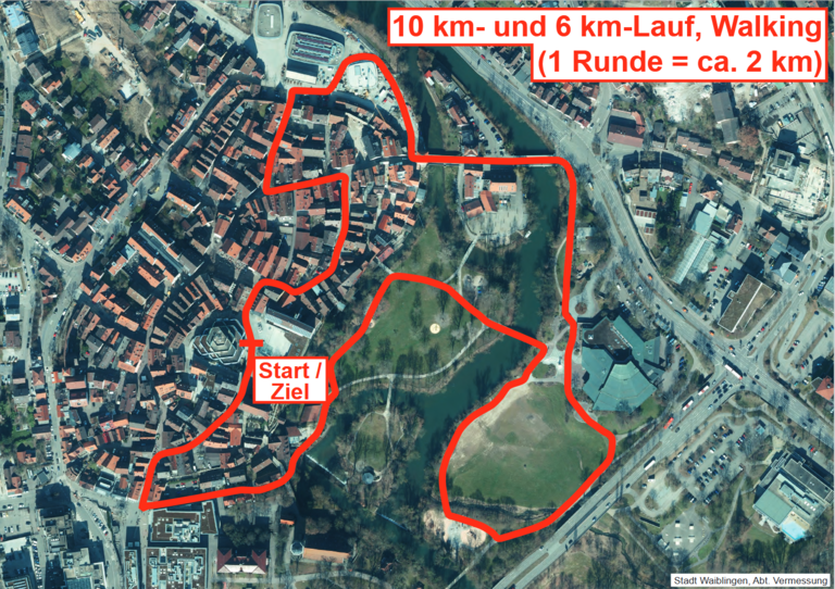 Luftbild von Waiblingen mit eingezeichnetem Streckenverlauf für 10 und 6 kilometer